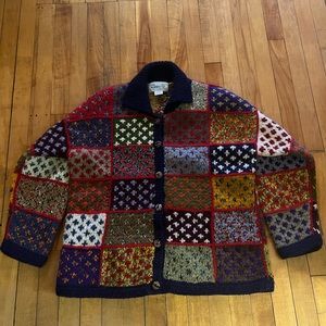 Del Mundo Hand Made 100% Wool Sweater Cardigan Chunky Knit Jacket XL Thick Knit